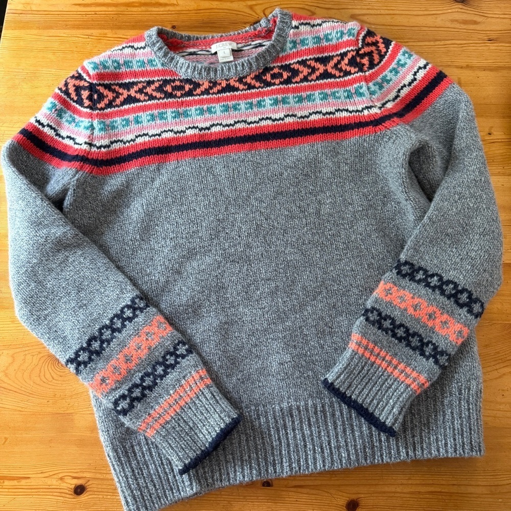 J Crew Fair Isle Crew Neck Lambswool blend Winter Pullover Sweater Women's L